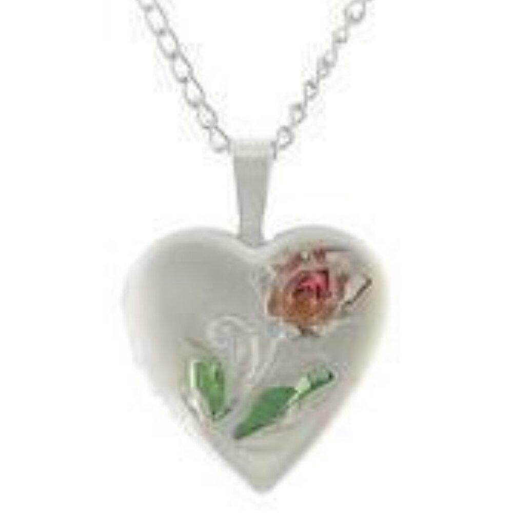 Sterling Silver Satin Color Flowered Heart Locket and Chain